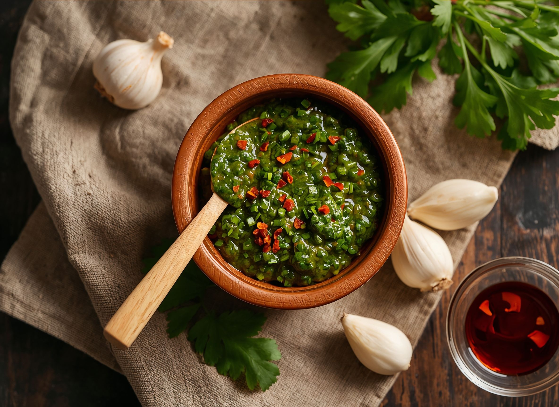 Grönt chimichurri i skål med träsked