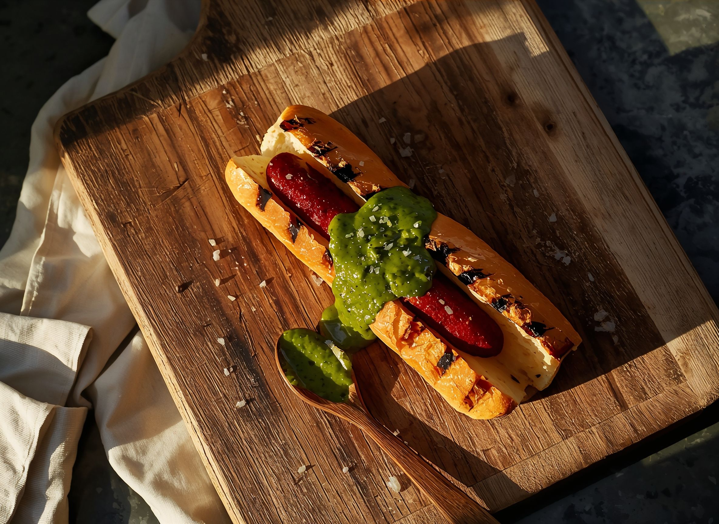 Choripán med chimichurri på träbräda